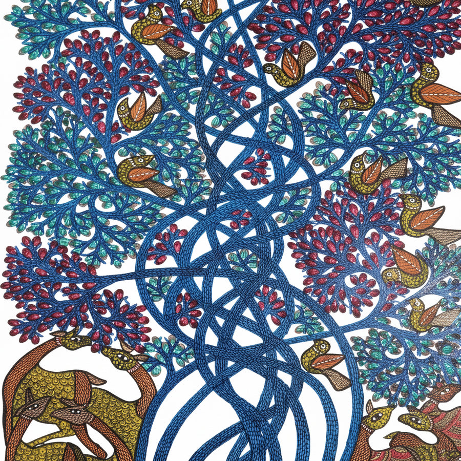 Deer, Birds & Tree – Gond Paper Painting