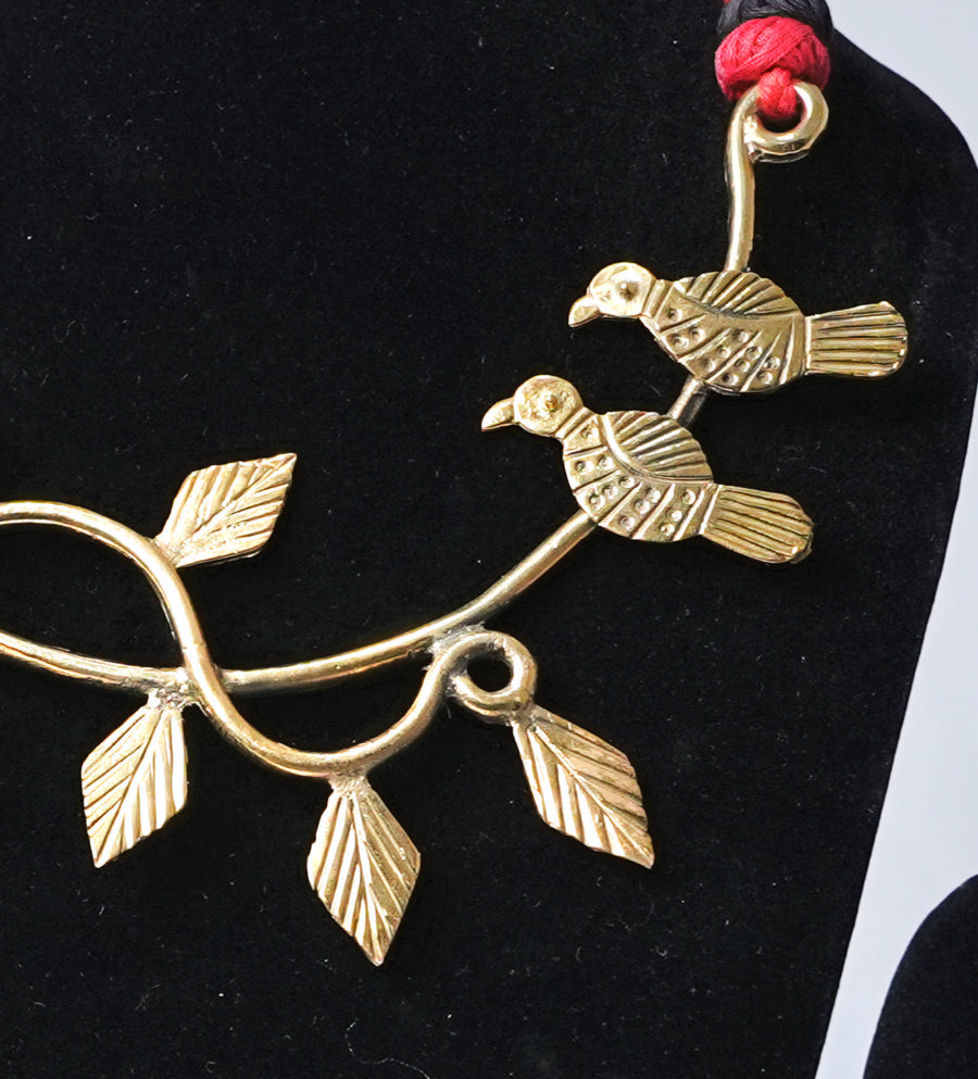 Dhokra Brass Leaf and Bird Necklace - view 3, handmade tribal brass sculpture from India
