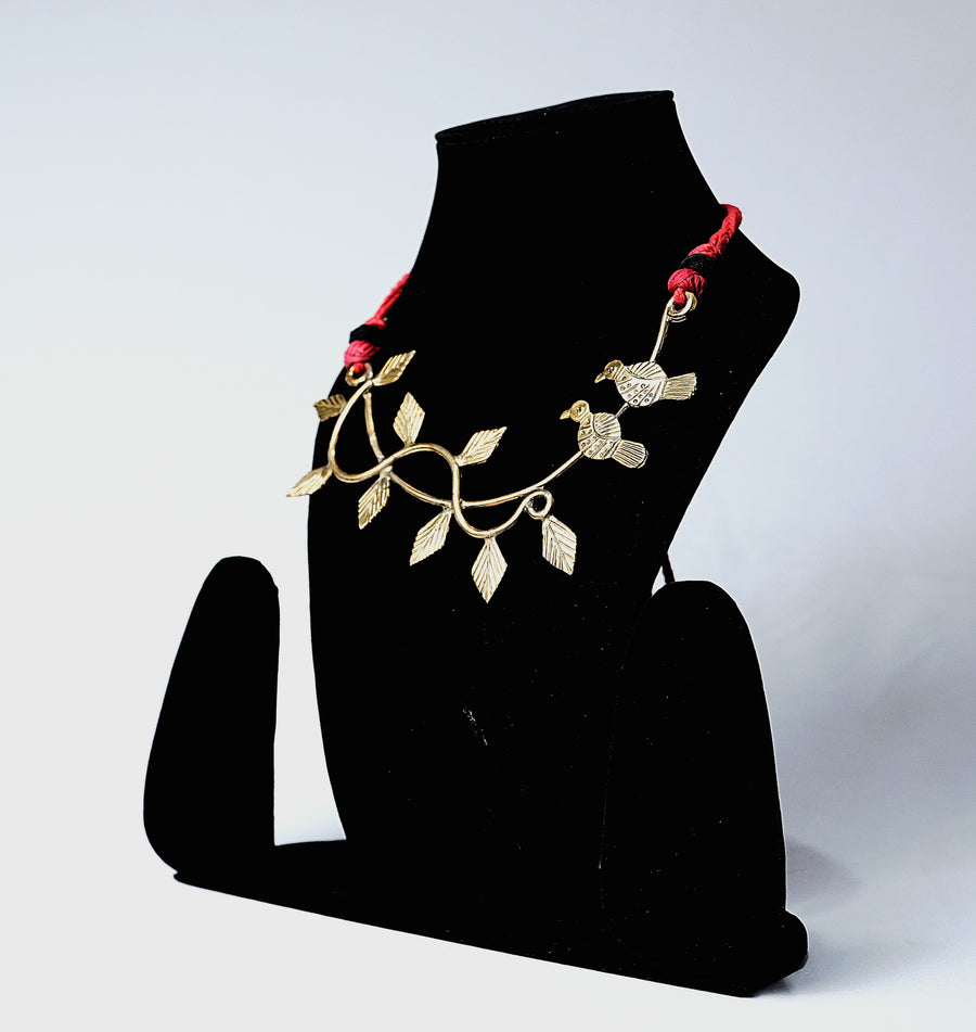 Dhokra Brass Leaf and Bird Necklace - view 4, handmade tribal brass sculpture from India