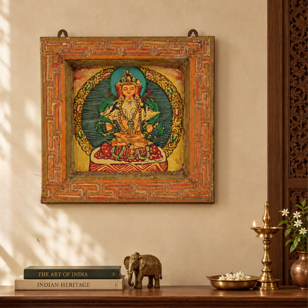 Divine Buddha - Tibetan Hand-Painted Wall Hanging, handmade Tibetan wall hanging from India