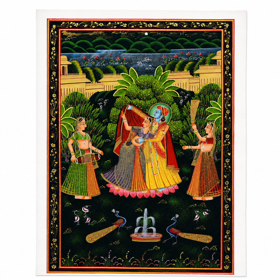 Divine Embrace of Radha Krishna - Pichwai Painting, handmade pichwai painting from India