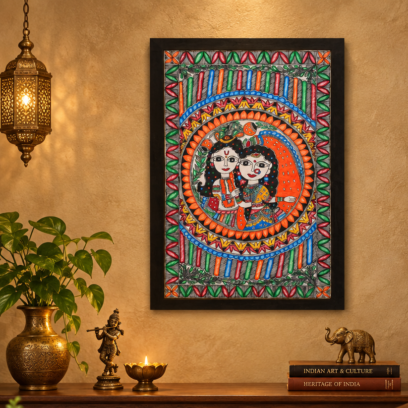 Divine Prem Leela - Madhubani Painting, handmade Madhubani painting from India
