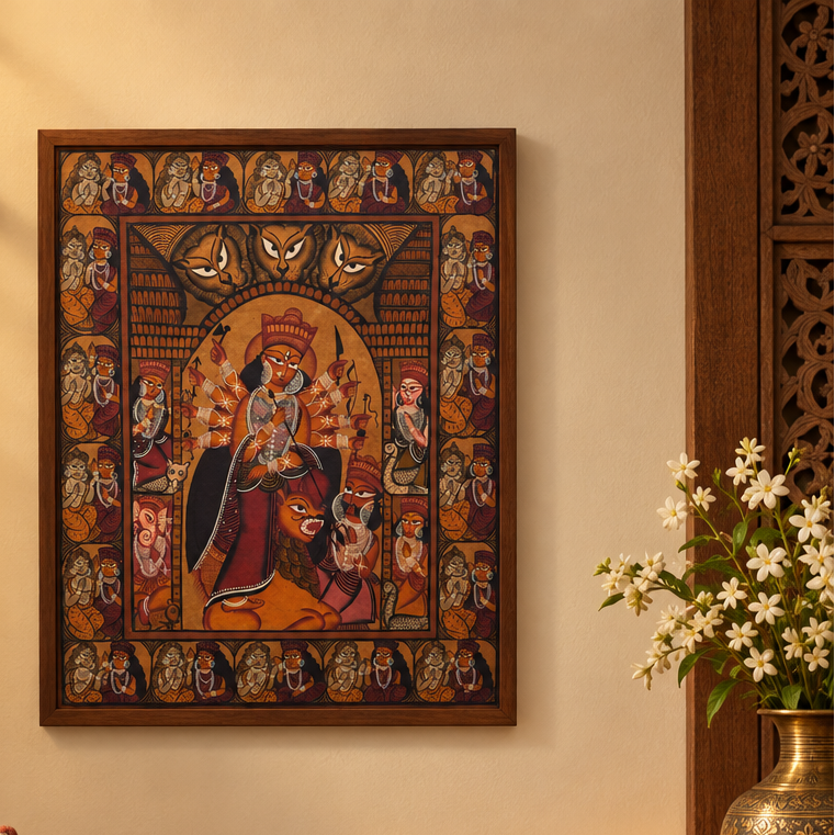 Durga Puja - Kalighat Painting, handmade Kalighat folk painting from India