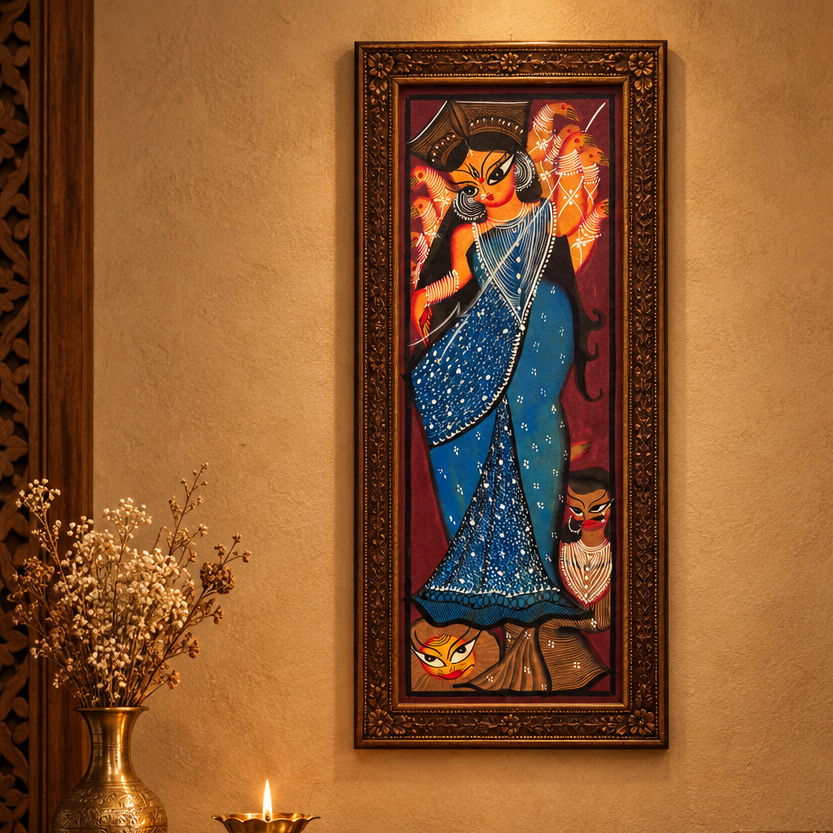 Durga Shakti - Kalighat Painting, handmade Kalighat folk painting from India
