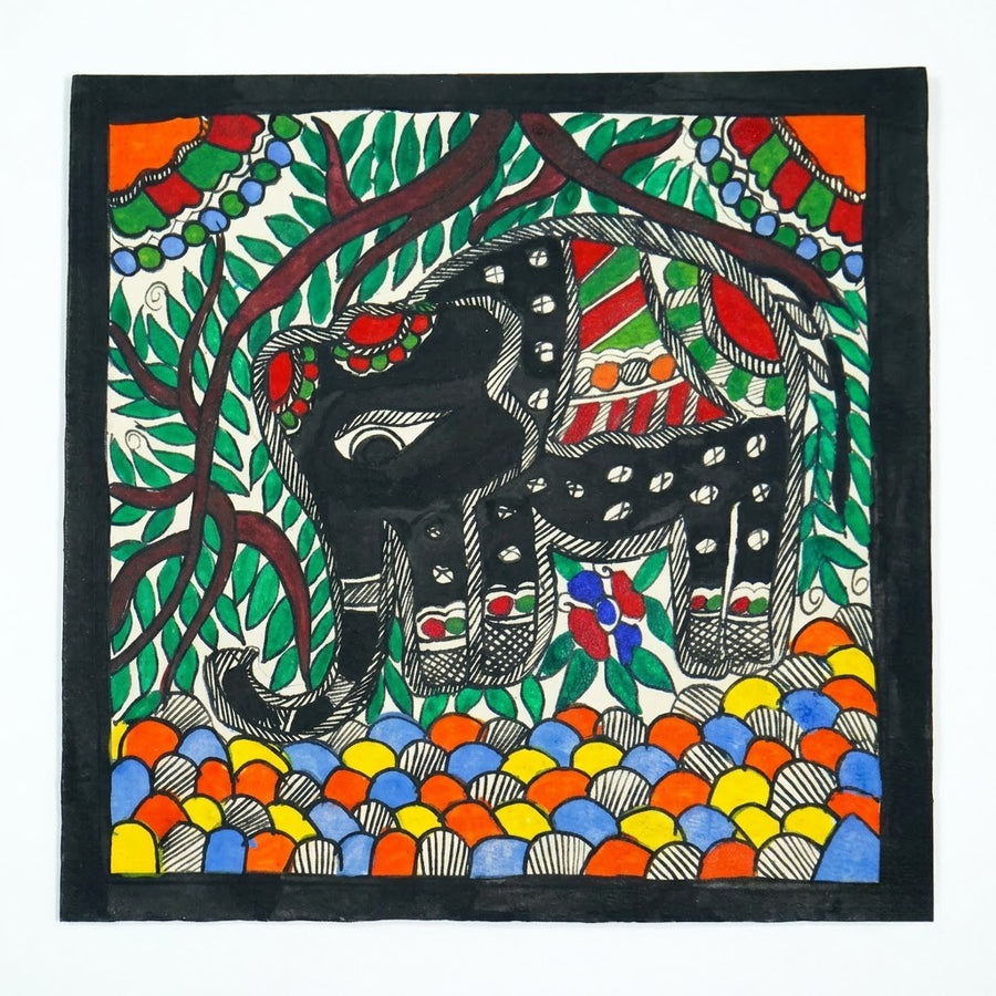 Elephant and Forest - Madhubani Painting - view 2, handmade Madhubani painting from India