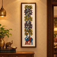 Elephant and Tree - Gond Paper Painting, handmade Gond folk painting from India