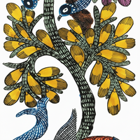 Elephant and Tree - Gond Paper Painting - view 2, handmade Gond folk painting from India