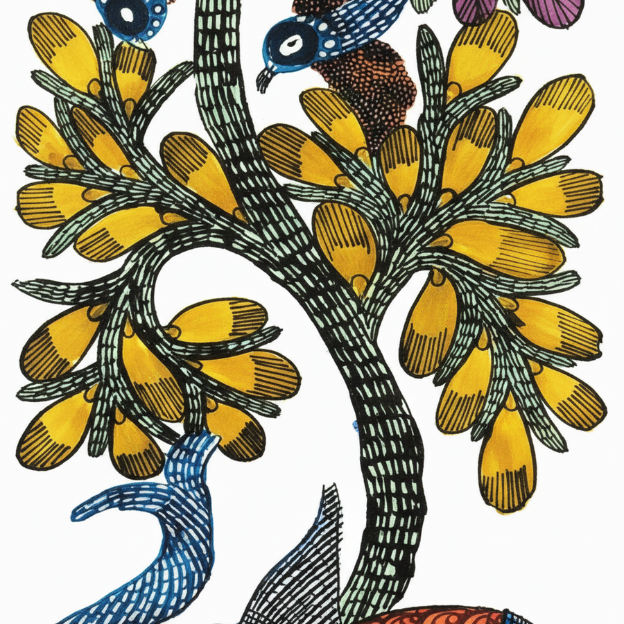 Elephant and Tree - Gond Paper Painting - view 2, handmade Gond folk painting from India