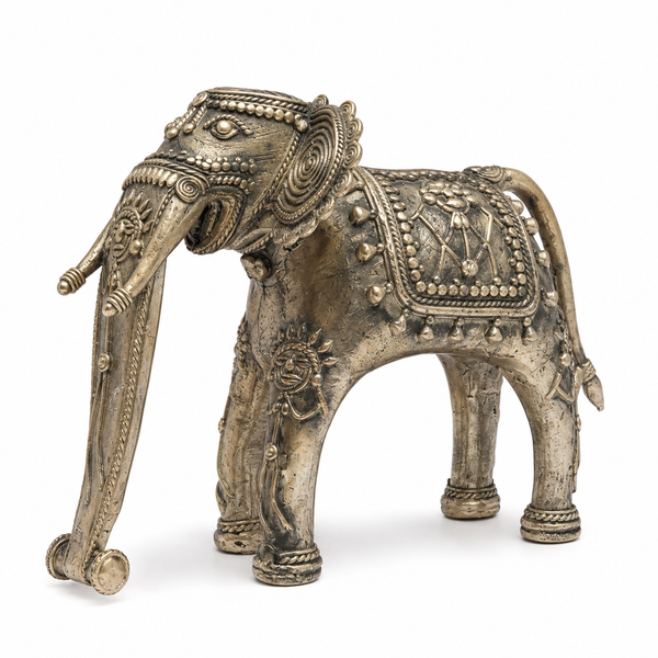 Elephant with Round Ears - Dhokra Metal Art - view 2, handmade tribal brass sculpture from India