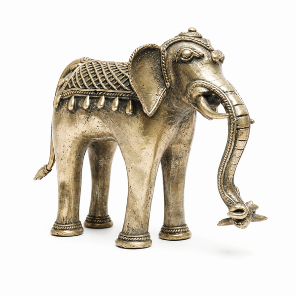 Elephant with Trunk Down - Dokra Metal Art - view 2, handmade tribal brass sculpture from India