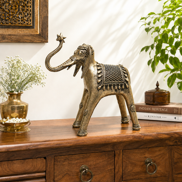 Elephant with Trunk Up - Dhokra Metal Art, handmade tribal brass sculpture from India