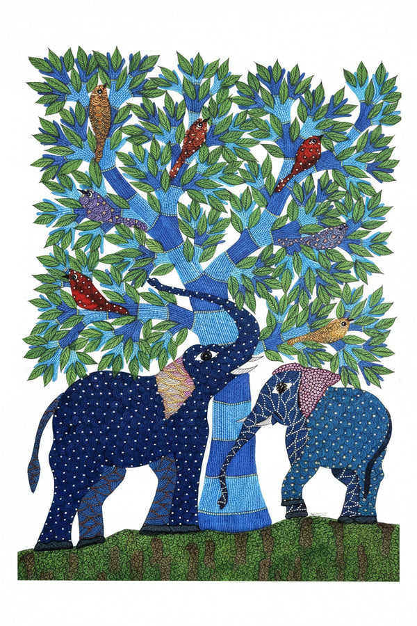 Pair Elephant and Tree – Gond Paper Painting