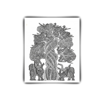 Elephants, Birds & Tree - Gond Paper Painting - view 2, handmade Gond folk painting from India
