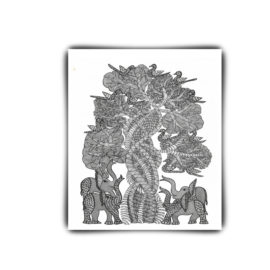 Elephants, Birds & Tree - Gond Paper Painting - view 2, handmade Gond folk painting from India