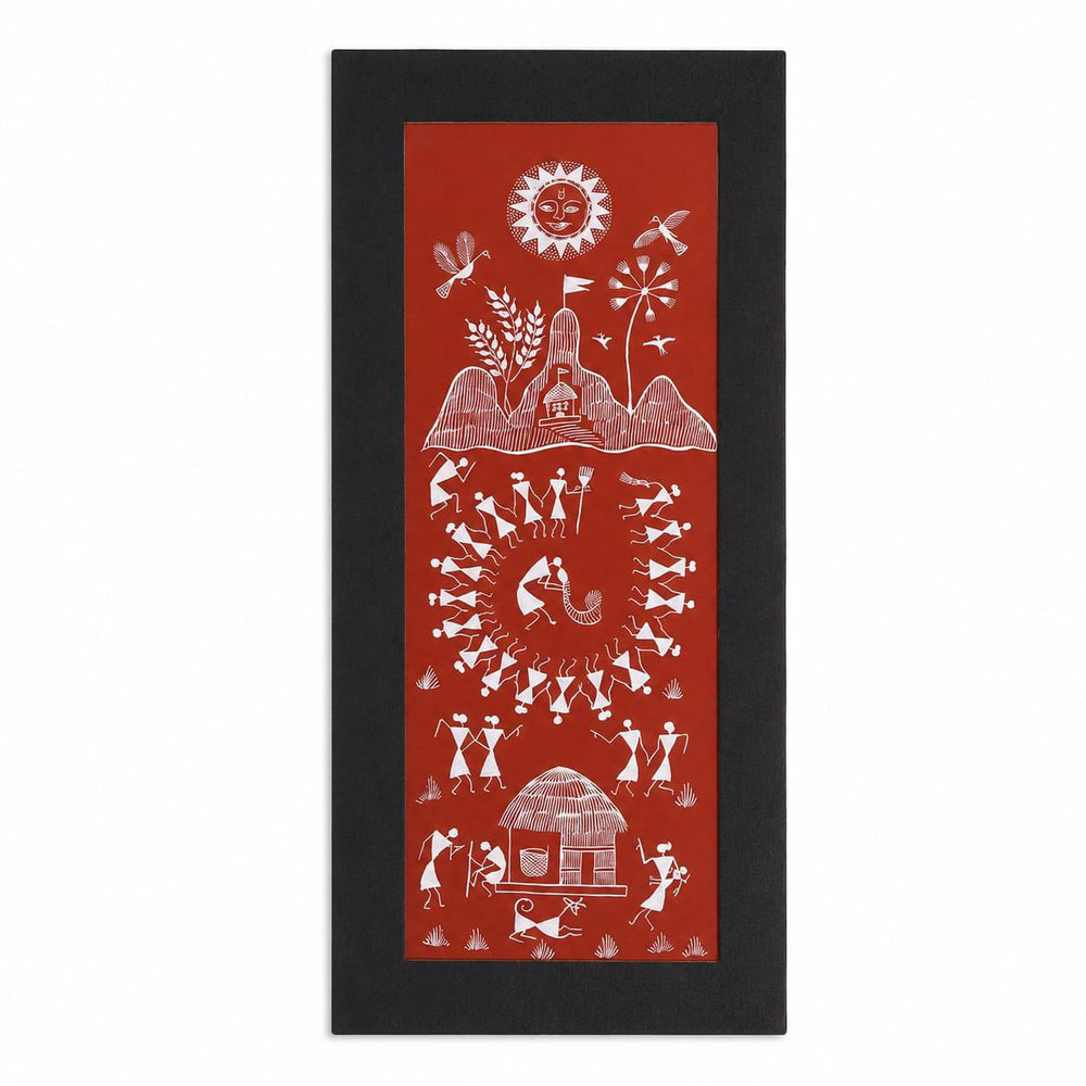 Festival in the Hills - Warli Paper Painting, handmade Warli folk painting from India