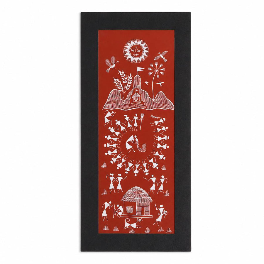 Festival in the Hills - Warli Paper Painting, handmade Warli folk painting from India