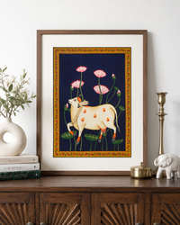 Divine Kamdhenu in Lotus Grace – Pichwai Painting