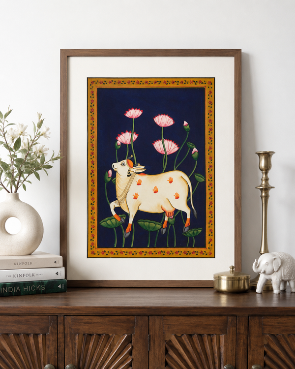 Divine Kamdhenu in Lotus Grace – Pichwai Painting