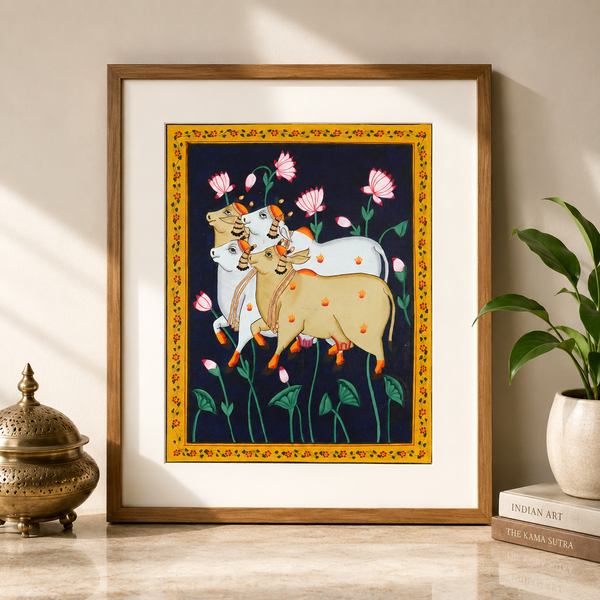Four Sacred Kamdhenu with Lotus – Pichwai Painting