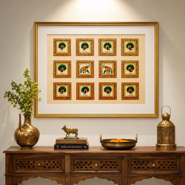Peacock and Elephant Majesty – Rajasthani Miniature Painting with frame