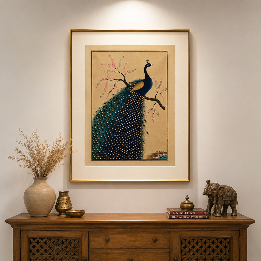 Shahi Mor – Rajasthani Miniature Painting with wooden frame