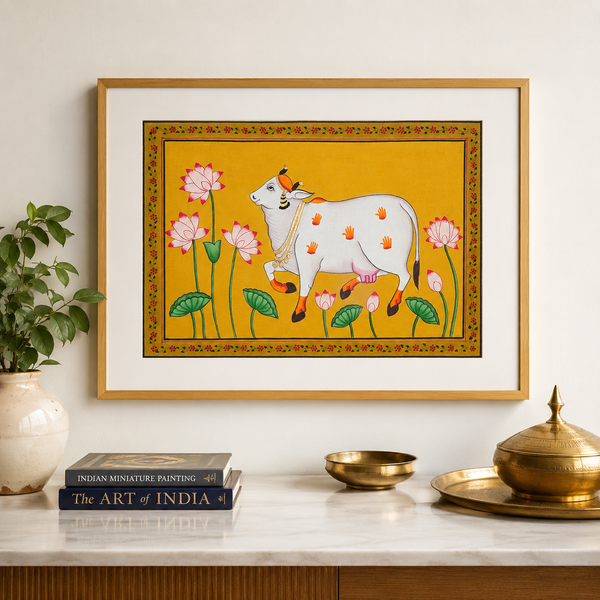 Kamdhenu Amidst Sacred Lotuses – Pichwai Painting