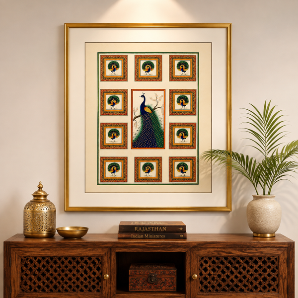 Royal Peacock Grid – Rajasthani Miniature Painting with frame