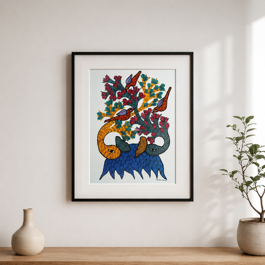 Elephants, Birds & Flowering Tree – Gond Paper Painting