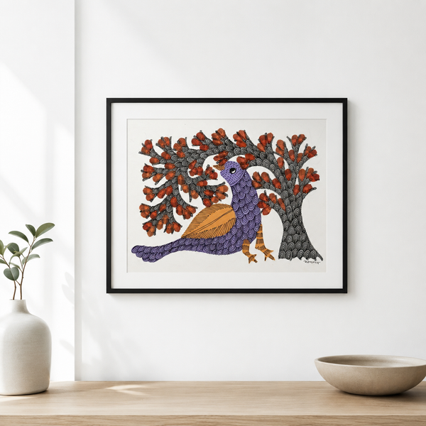 The Bird and Flowering Tree – Gond Paper Painting