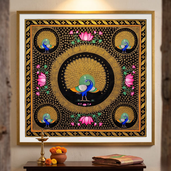 Golden Peacock Harmony – Rajasthani Miniature Painting