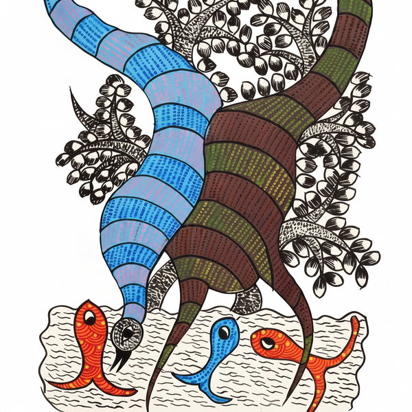 Fish, Aquatic Animals & River - Gond Paper Painting - view 2, handmade Gond folk painting from India