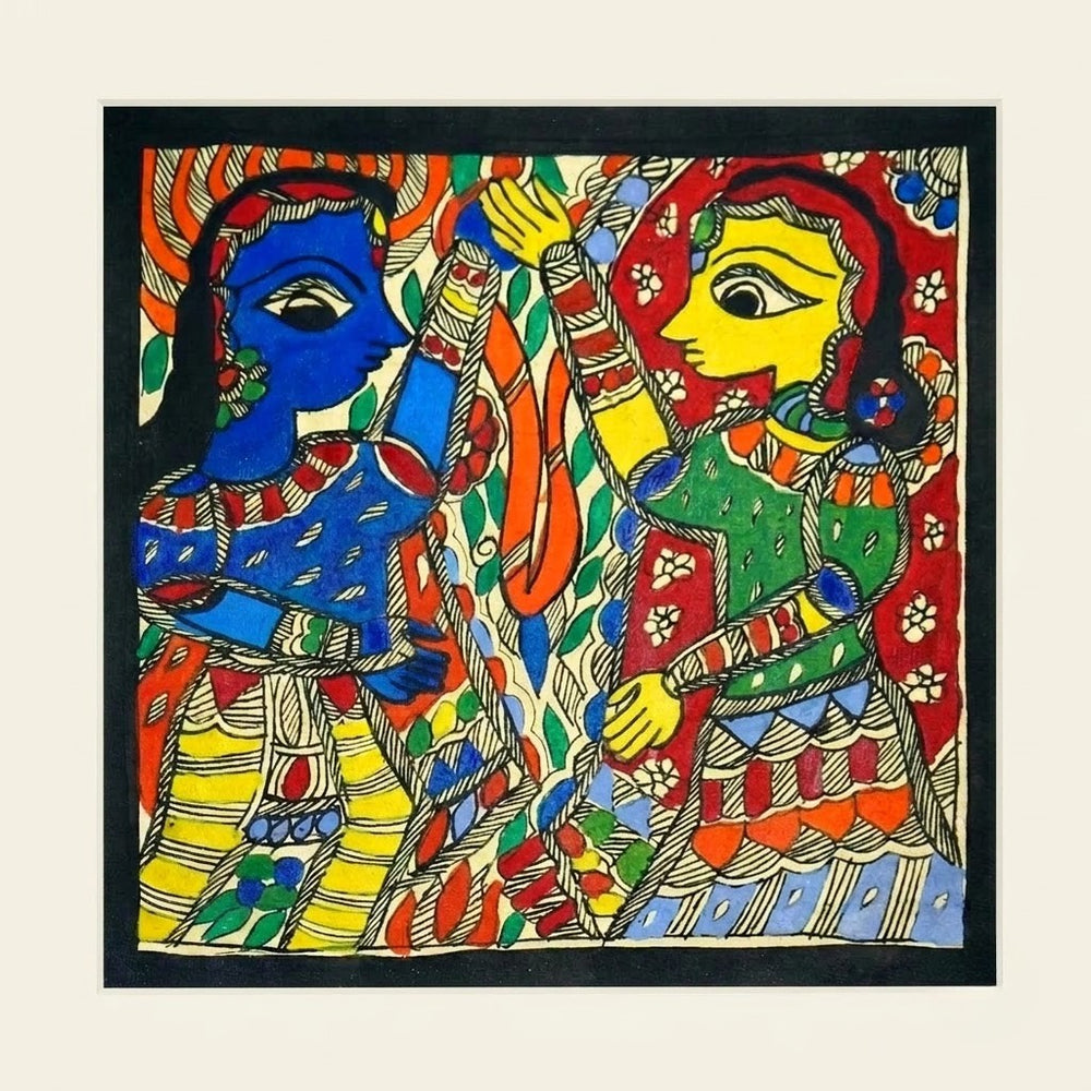 Floral Garland of Love - Madhubani Painting, handmade Madhubani painting from India