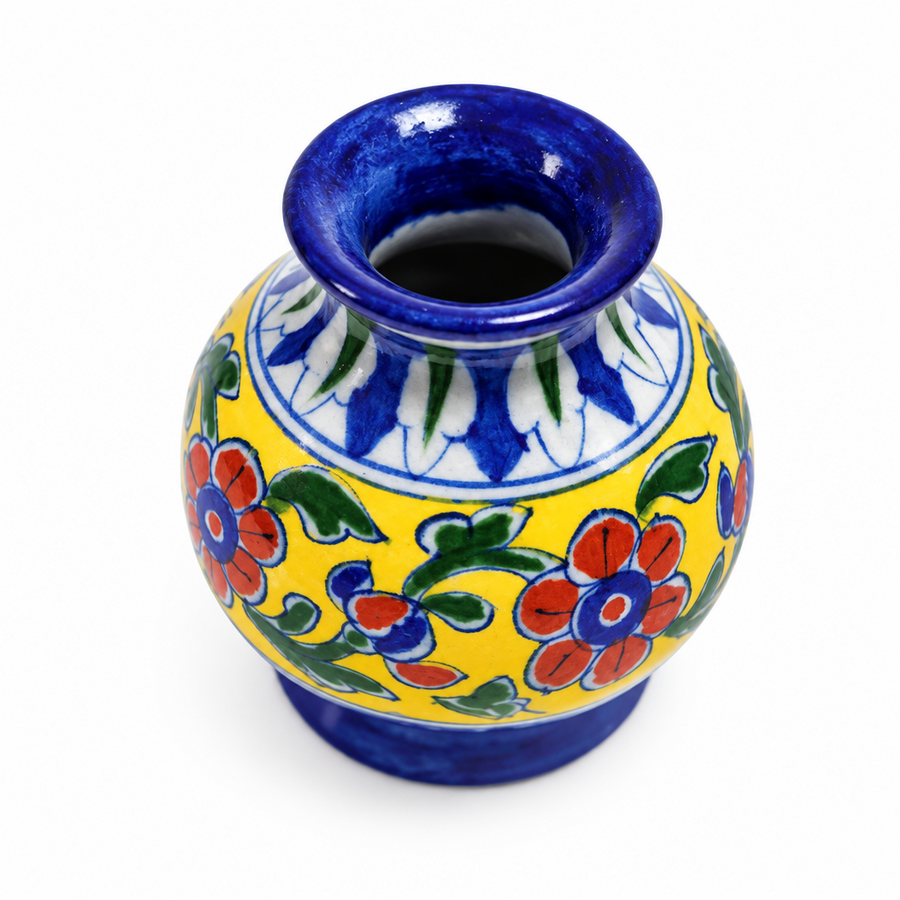 Floral Yellow Mini Vase - Jaipur Blue Pottery - view 2, handmade Jaipur blue pottery from India