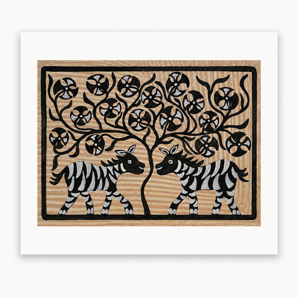 Flower Tree and Zebra Pair - Sohrai Painting, handmade Sohrai tribal painting from India