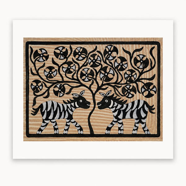 Flower Tree and Zebra Pair - Sohrai Painting, handmade Sohrai tribal painting from India