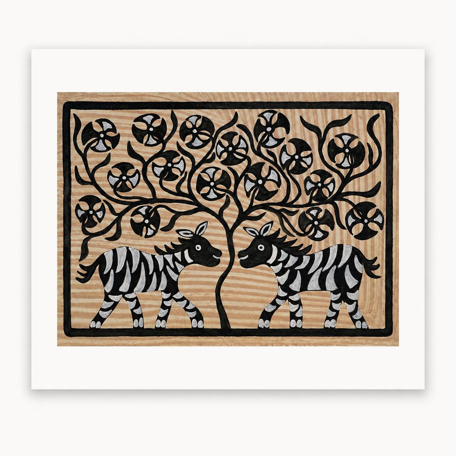 Flower Tree and Zebra Pair - Sohrai Painting, handmade Sohrai tribal painting from India