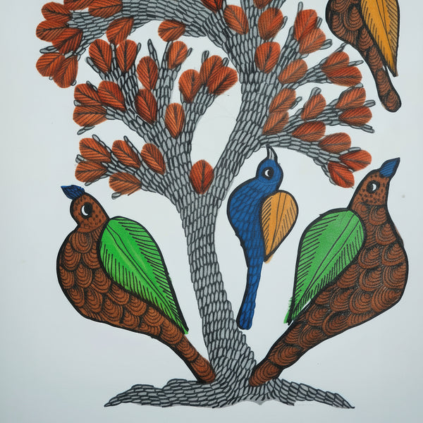 Flowering Tree & Birds - Gond Paper Painting - view 2, handmade Gond folk painting from India
