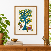 Flowering Tree, Animal & Birds - Gond Paper Painting, handmade Gond folk painting from India