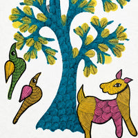 Flowering Tree, Animal & Birds - Gond Paper Painting - view 3, handmade Gond folk painting from India