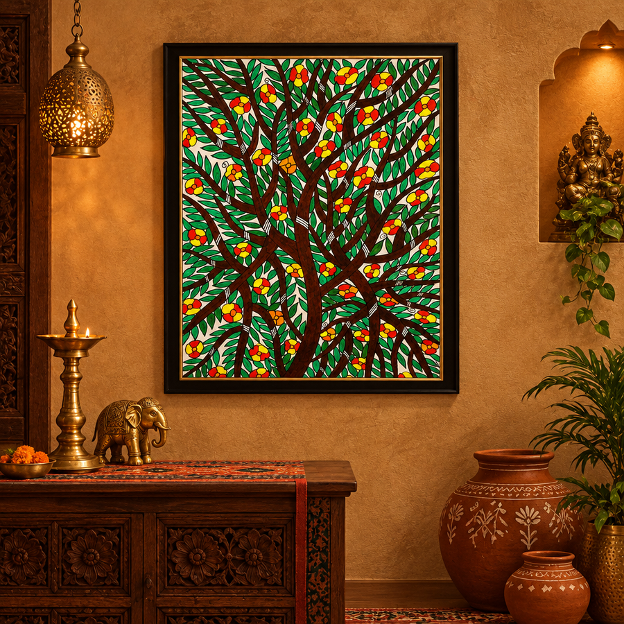 Flowering Tree - Madhubani Painting, handmade Madhubani painting from India