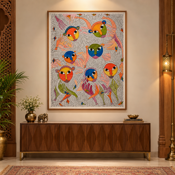 Forest Spirits - Gond Painting, handmade Gond folk painting from India