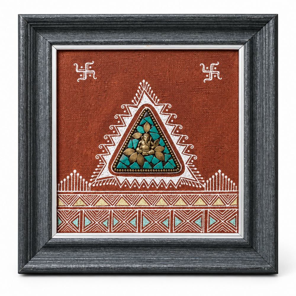 Framed Dhokra Ganesha Triangle - Dhokra Metal Art, handmade tribal brass sculpture from India