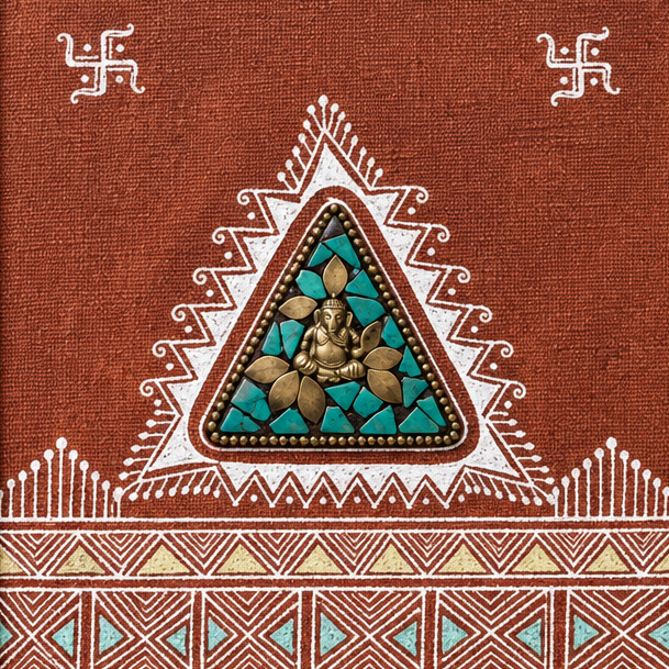 Framed Dhokra Ganesha Triangle - Dhokra Metal Art - view 2, handmade tribal brass sculpture from India
