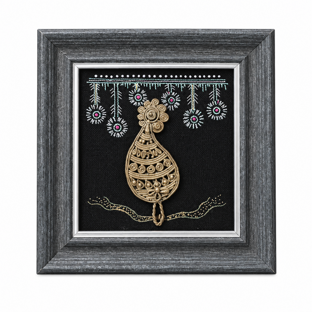 Framed Tribal Bird - Dhokra Metal Art, handmade tribal brass sculpture from India