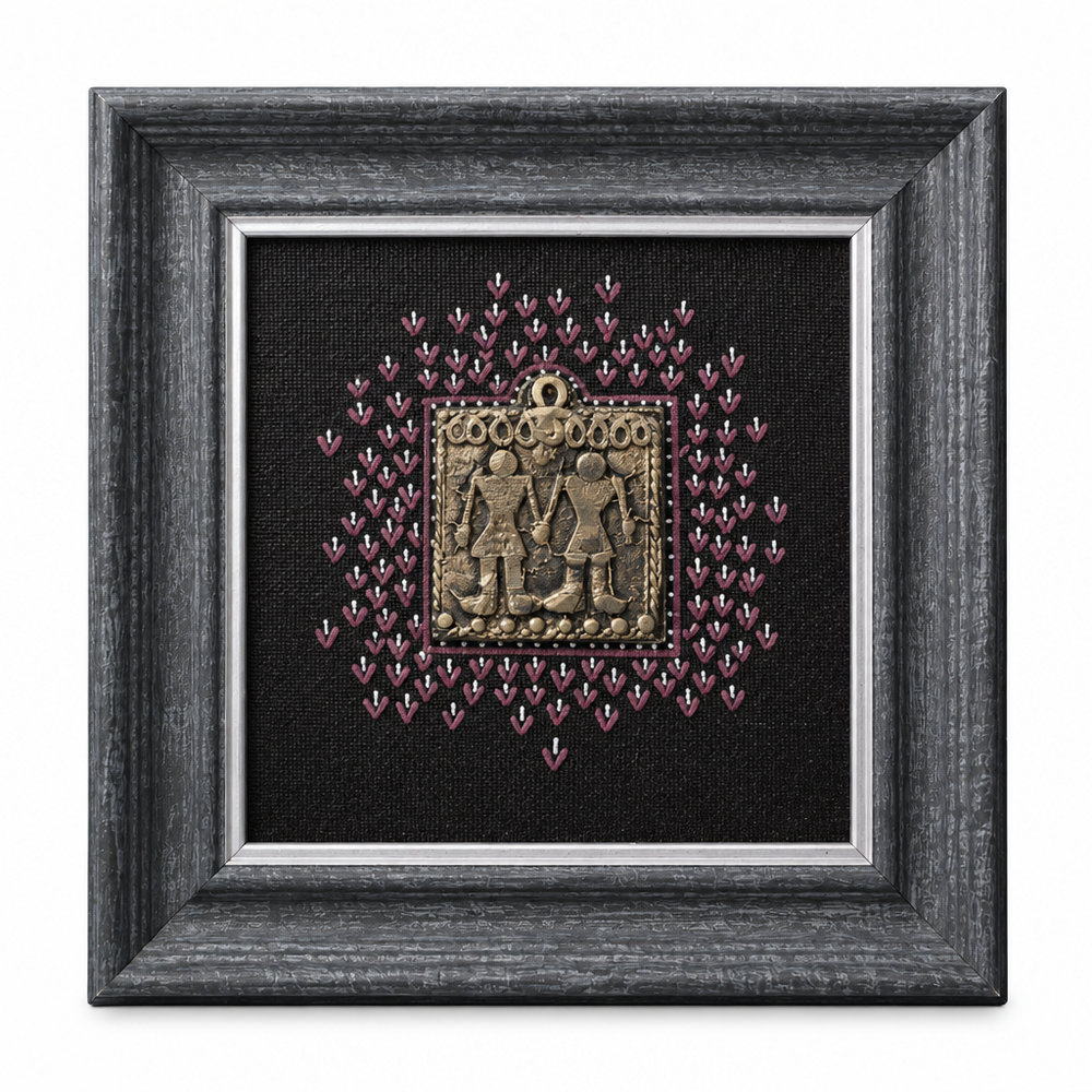 Framed Tribal Couple - Dhokra Metal Art, handmade tribal brass sculpture from India