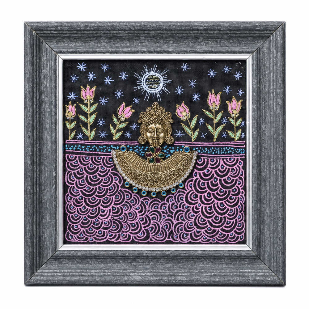 Framed Tribal Devi - Dhokra Metal Art, handmade tribal brass sculpture from India