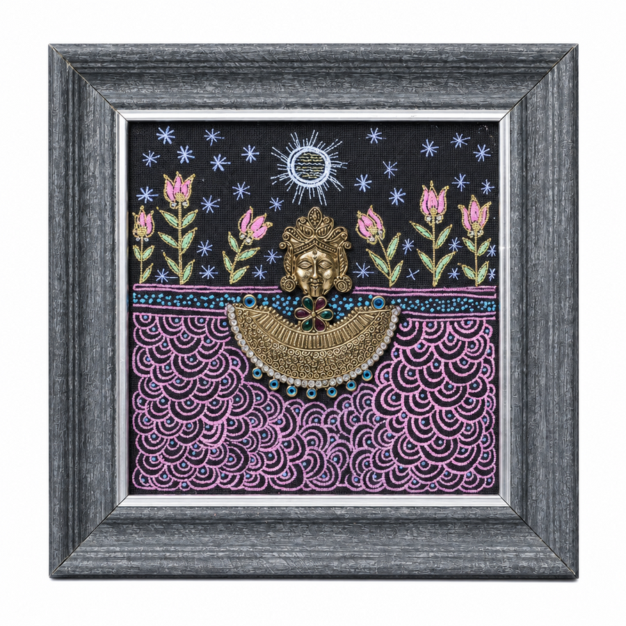 Framed Tribal Devi - Dhokra Metal Art, handmade tribal brass sculpture from India