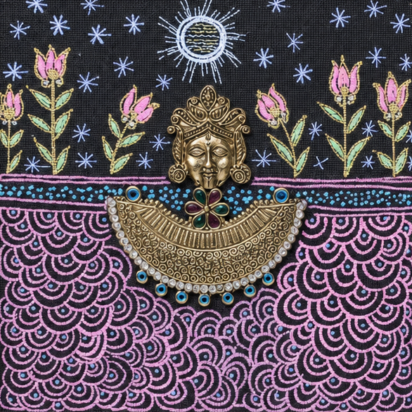 Framed Tribal Devi - Dhokra Metal Art - view 2, handmade tribal brass sculpture from India