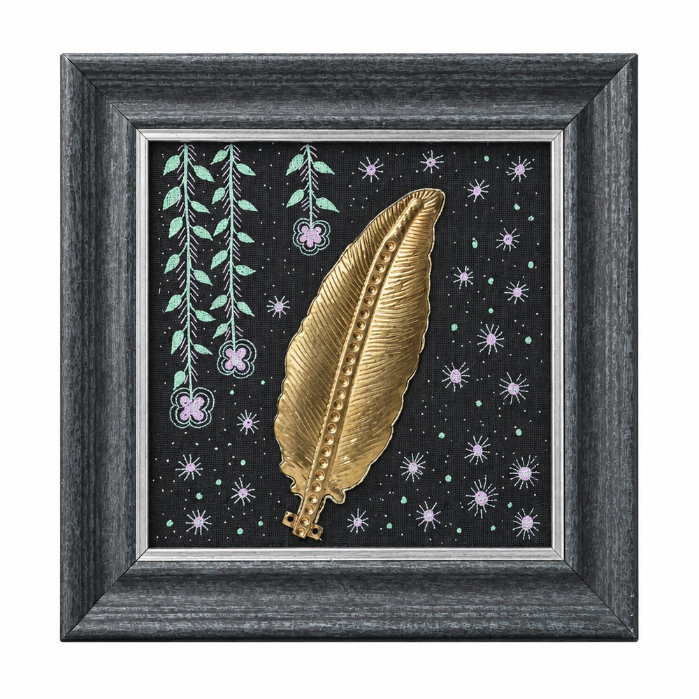 Framed Tribal Leaf - Dhokra Metal Art, handmade tribal brass sculpture from India