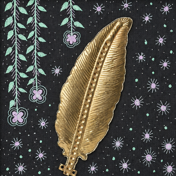 Framed Tribal Leaf - Dhokra Metal Art - view 2, handmade tribal brass sculpture from India